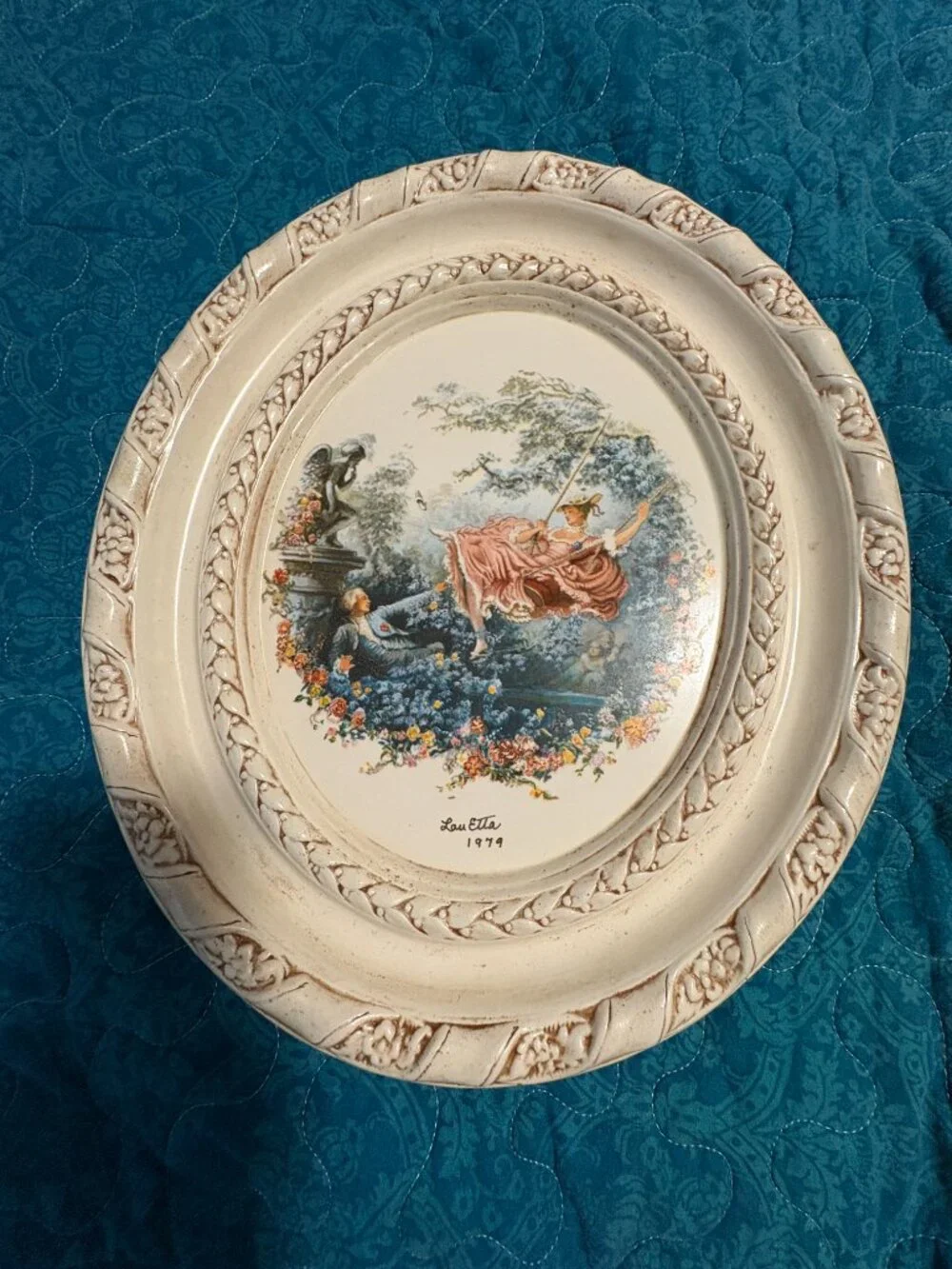 2 Vintage Oval Decorative Plates w/Romantic Scene Lady on Swing 1979